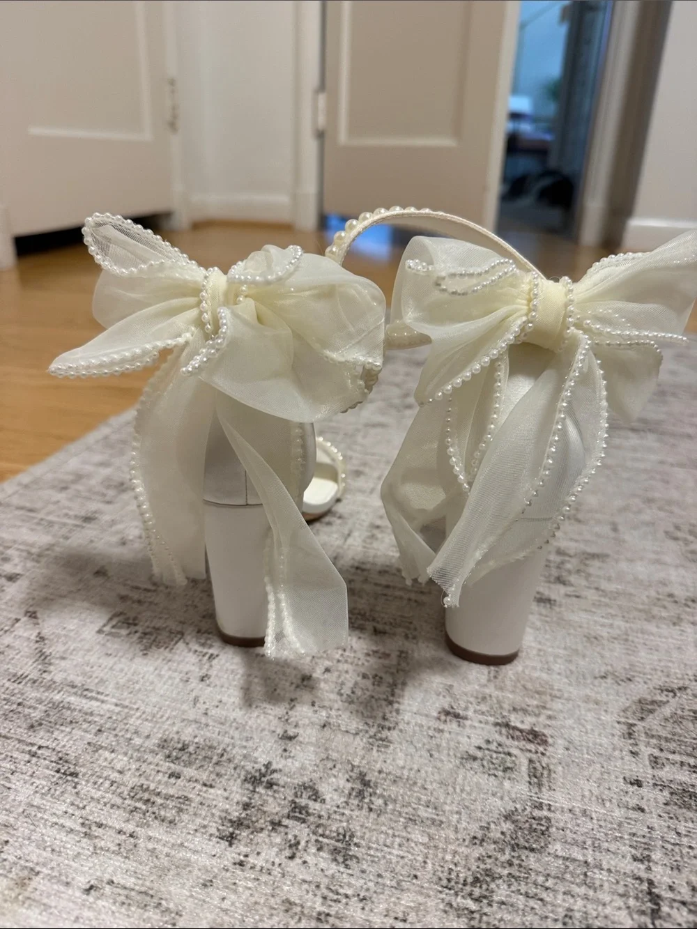 Elegant Ivory Pearl-Trim Bow Block Heels - Women